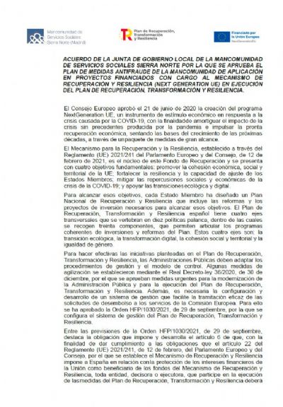 Ver PLAN DE MEDIDAS ANTIFRAUDE DE LA MANCOMUNIDAD DE APLICACIÓN EN PROYECTOS FINANCIADOS CON CARGO AL MECANISMO DE RECUPERACIÓN Y RESILIENCIA (NEXT GENERATION UE)